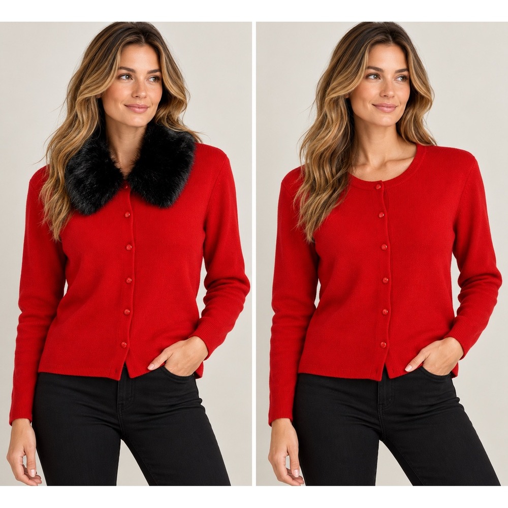 Vintage Pendleton Wool Cashmere Cardigan Women L Red Removable Faux Fur Collar